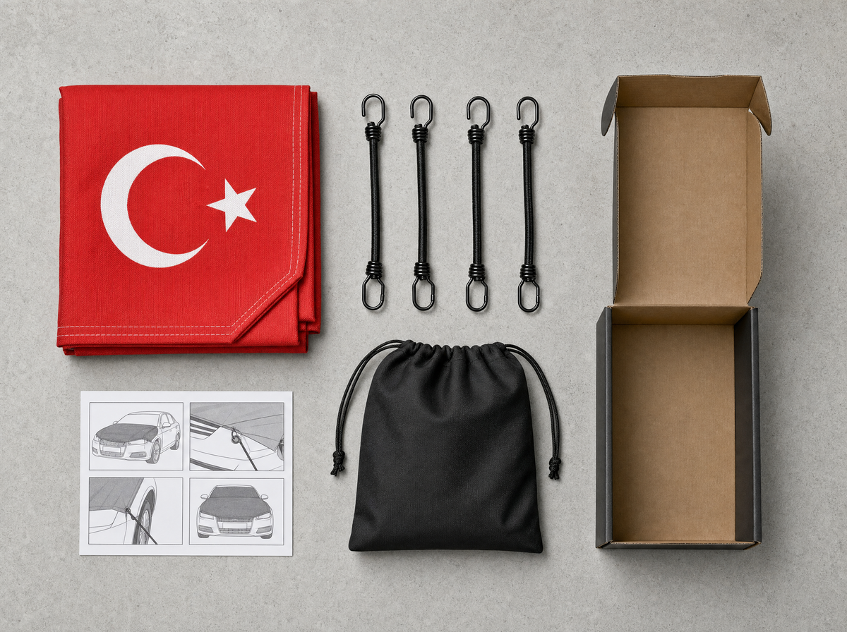 Paket içeriği — bayrak, lastikler, talimat kartı, kutu